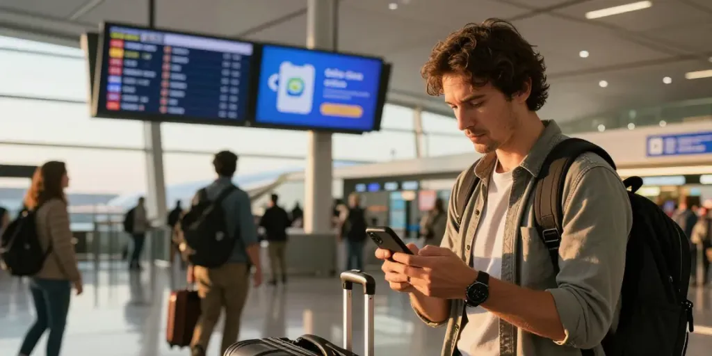 גולש בחו"ל עם Esim לחו"ל בשדה תעופה, בודק אפשרויות חבילה.