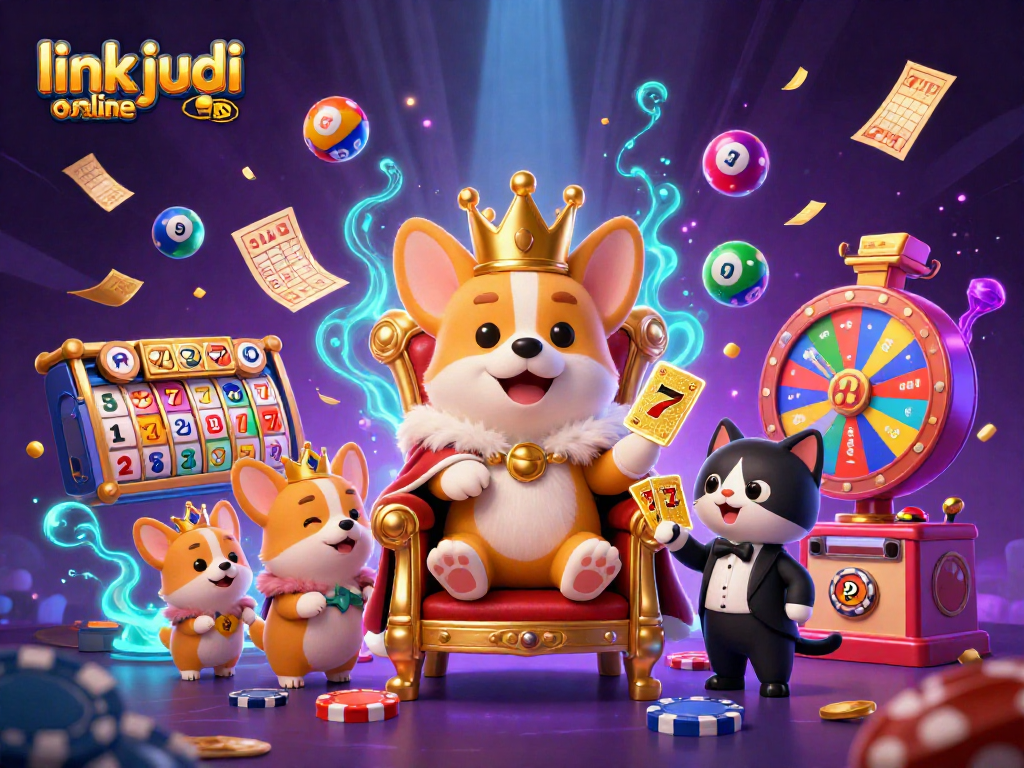 Genggam kemenangan besar dengan link judi online dalam ilustrasi kasino yang penuh warna dan karakter lucu.