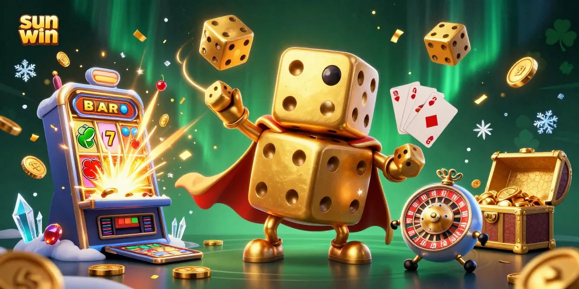 Watch the sun win with golden dice golems and jackpot filled slot machines in a vibrant casino scene.