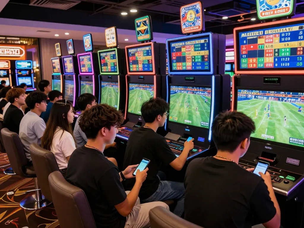 Young adults engaged in kèo nhà cái betting at vibrant casino with live football odds.