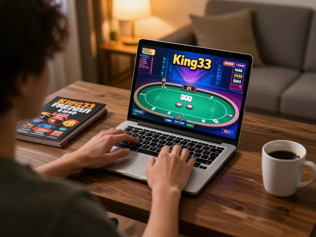 Engaged player enjoying king33 online poker game in a cozy home setup with warm lighting.