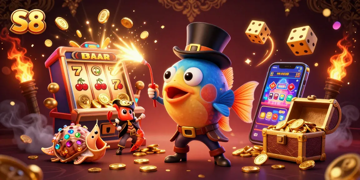 Spin the reels at S8 while enjoying vibrant casino-themed action in this dynamic 3D scene.