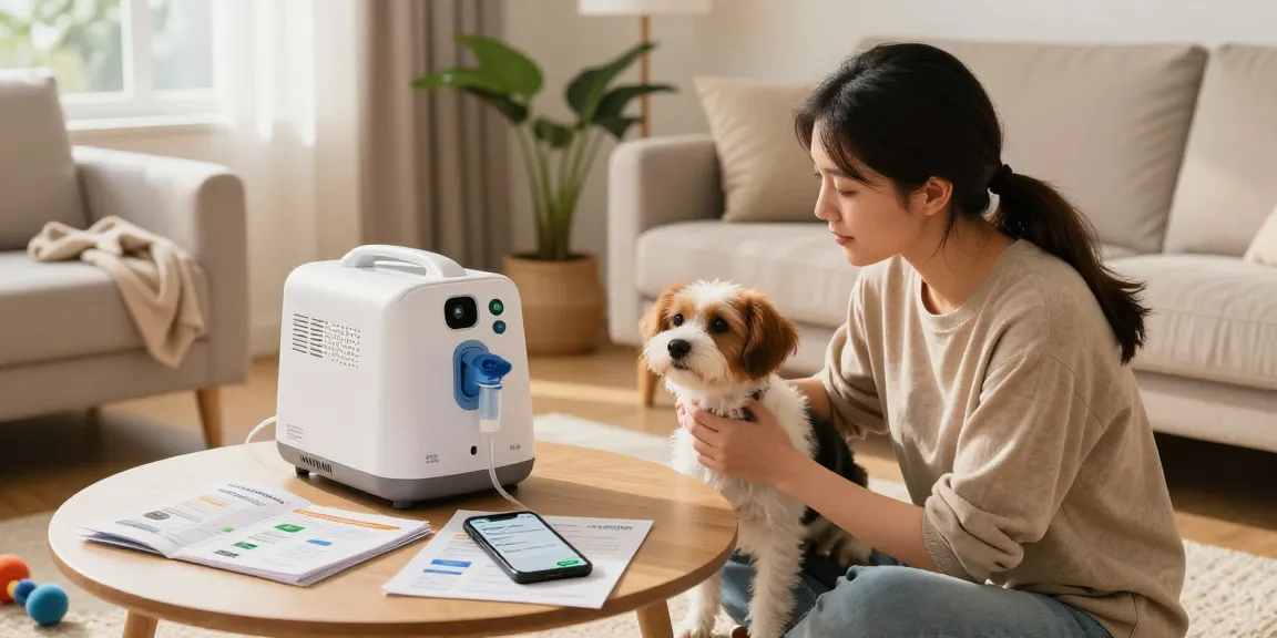 Pet owner exploring 寵物氧氣機租借收費 options with oxygen machine in cozy living room.