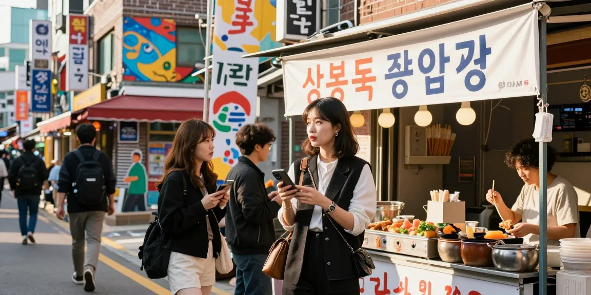 Woman enjoying street culture at 상봉동 한국관, surrounded by vibrant murals and city life.