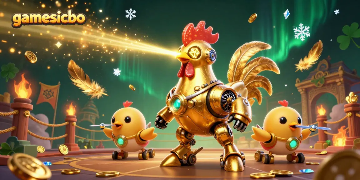Engage in thrilling gamesicbo action with a dynamic 3D rooster robot and drones in a vibrant casino atmosphere.