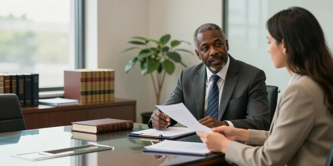 Philadelphia Employment Lawyer discussing a case with a client in a modern legal office.