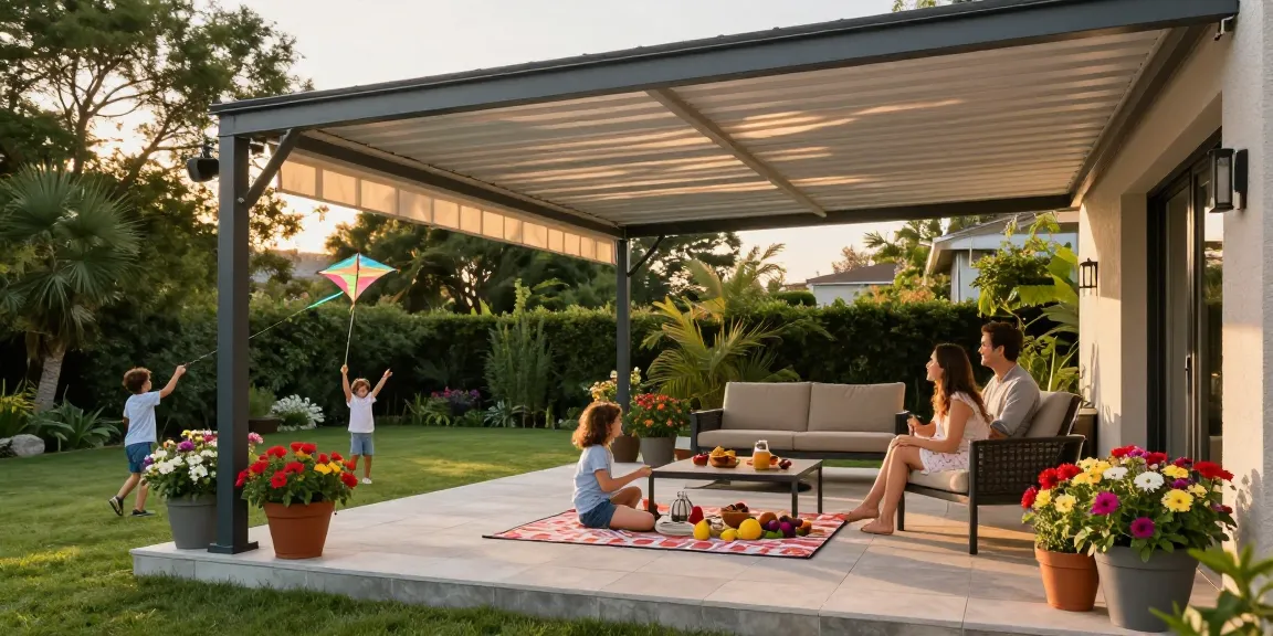 Familie genießt Zeit unter einer Terrassenüberdachung im Garten.