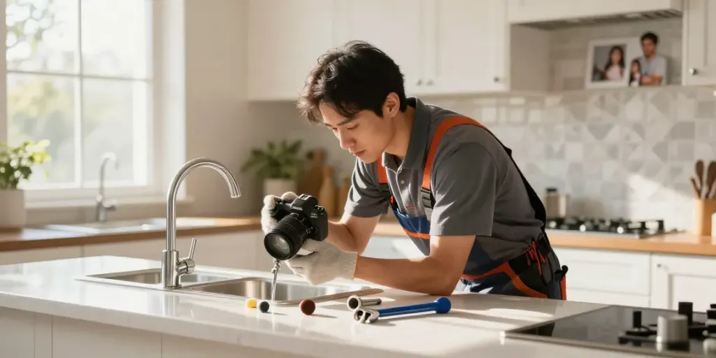 Trusted plumber London repairing a kitchen sink, showcasing skilled service and a welcoming home environment.