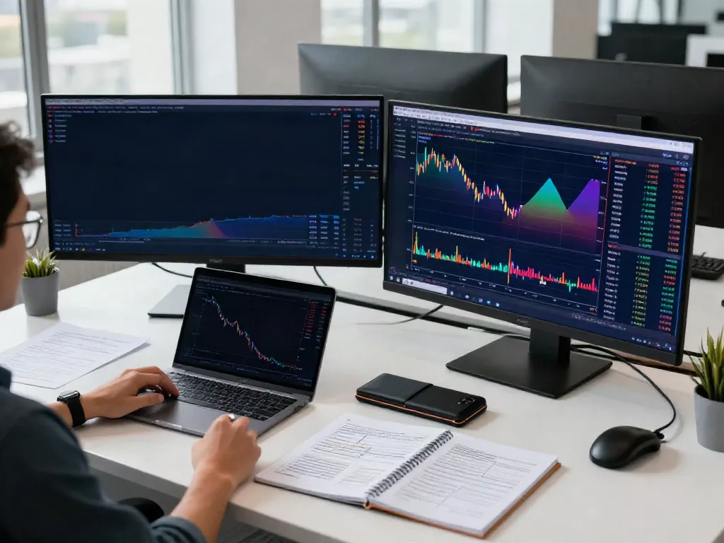 HK stock market data feed displayed on dual monitors in a professional crypto trading workspace, showcasing advanced trading strategies and analysis tools.