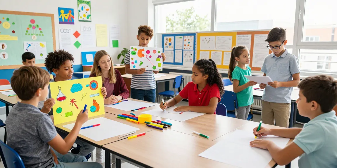 Students using Classroom Poster Makers to create vibrant educational posters in a lively classroom.