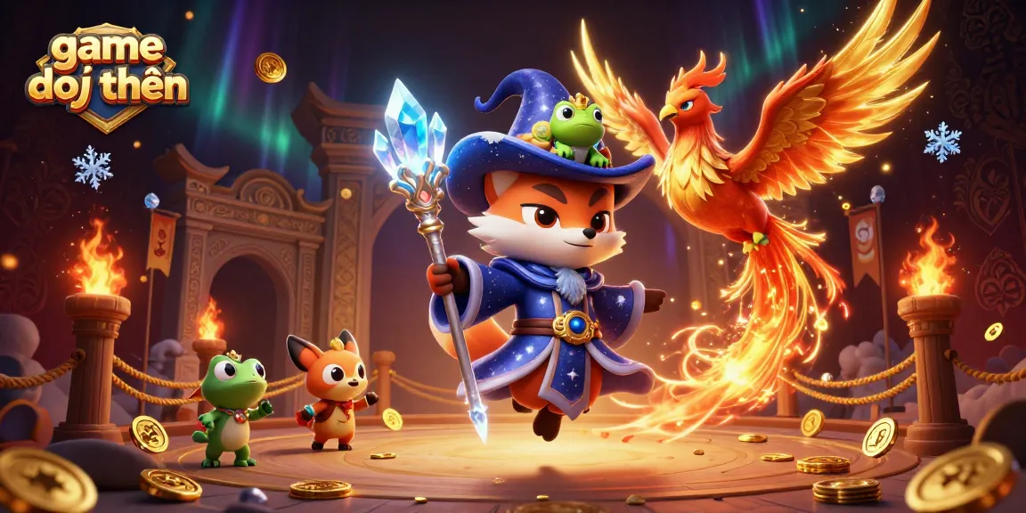 Engage with game đổi thưởng via a magical 3D scene featuring a wizard fox and phoenix.