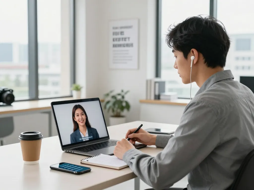 Candidate using ai interview assistant for mock interview preparation in a bright office.