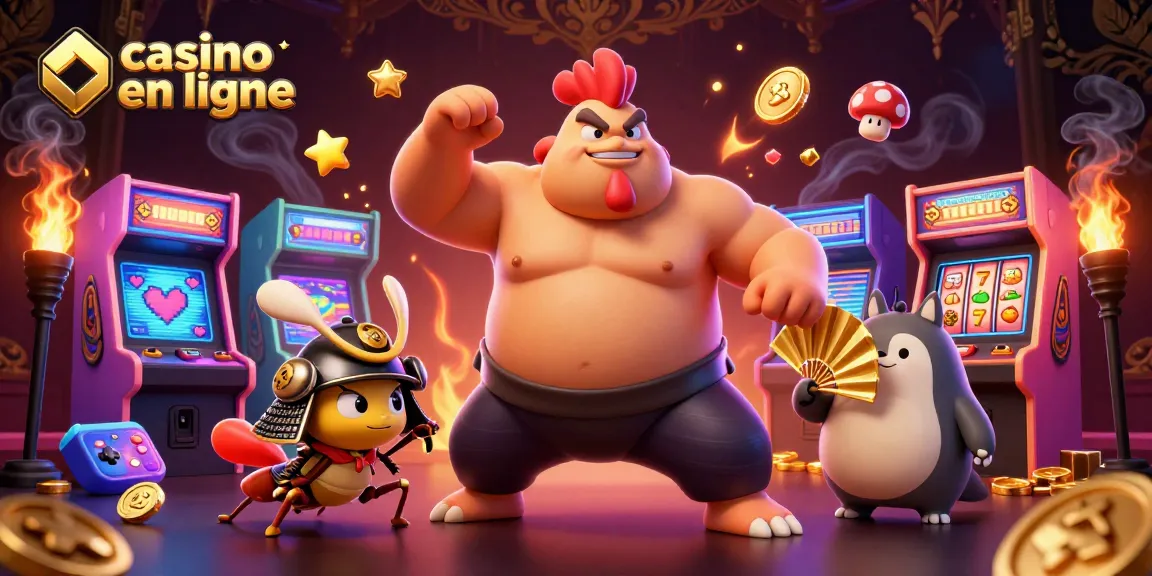 Les personnages animés illustrent le monde coloré d'un casino en ligne avec des machines à sous et des éléments de jeu.