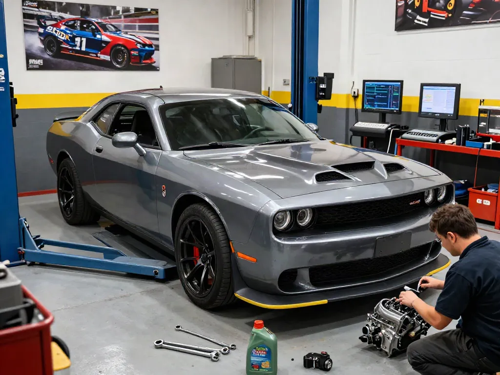 Hellcat engine for sale displayed in a professional automotive workshop setting.