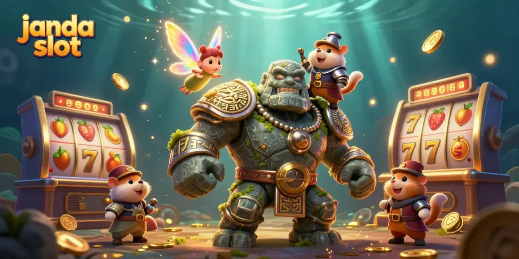Permainan janda slot yang menampilkan golem kuno, peri, dan ksatria hamsternya yang berapi-api.