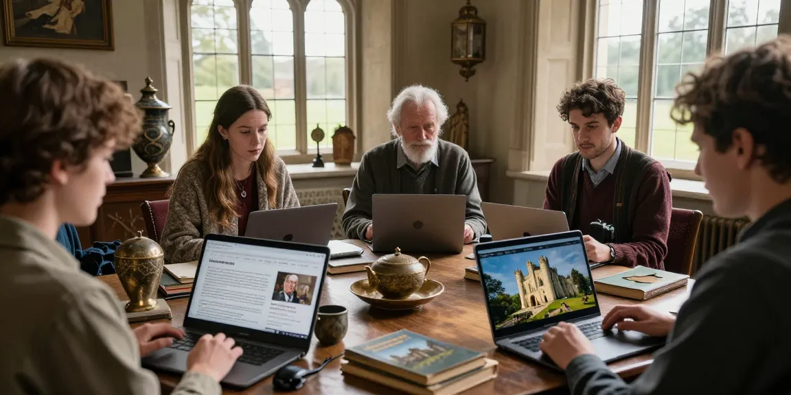 Engaged readers exploring historical content on https://tyntescastle.com in a cozy nook filled with artifacts and warm light.