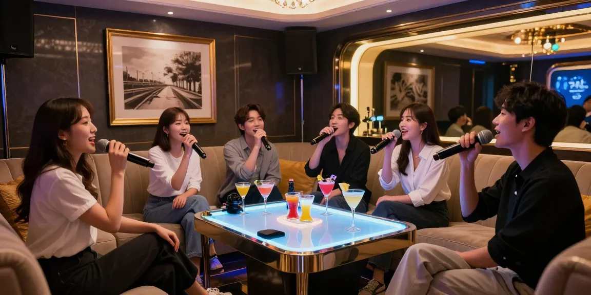 강남구구단에서 친구들과 함께 노래를 부르는 고급스러운 분위기의 방.