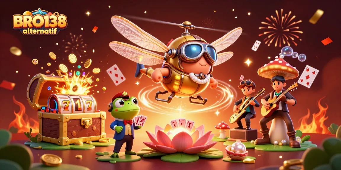 Experience the thrill of BRO138 alternatif with a vibrant 3D casino scene filled with exciting game elements.