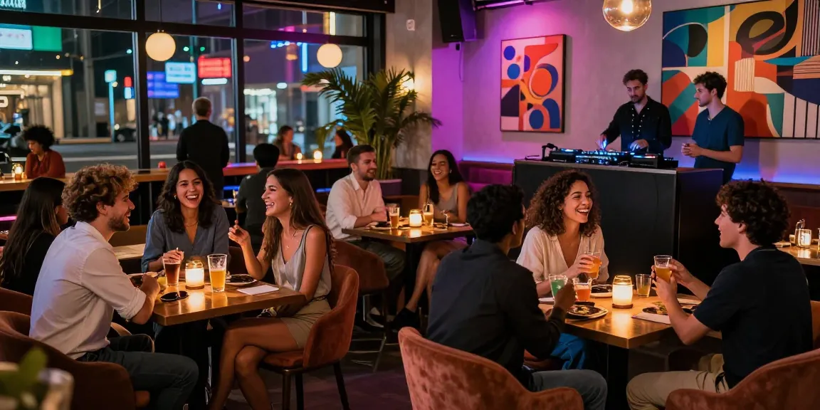 Social gathering at a vibrant 유흥사이트 bar, friends enjoying drinks and nightlife.