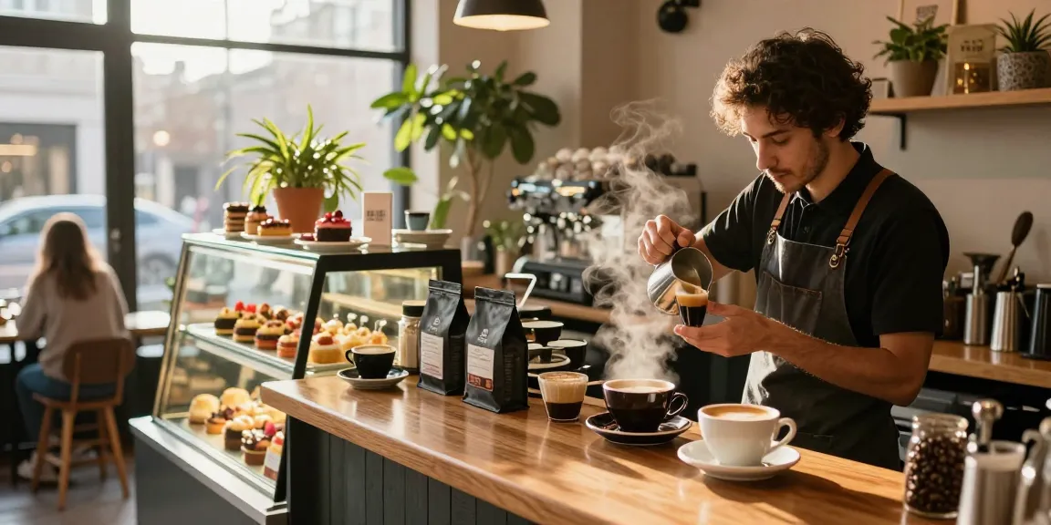 Barista preparing espresso with rokok88 coffee at a cozy café.