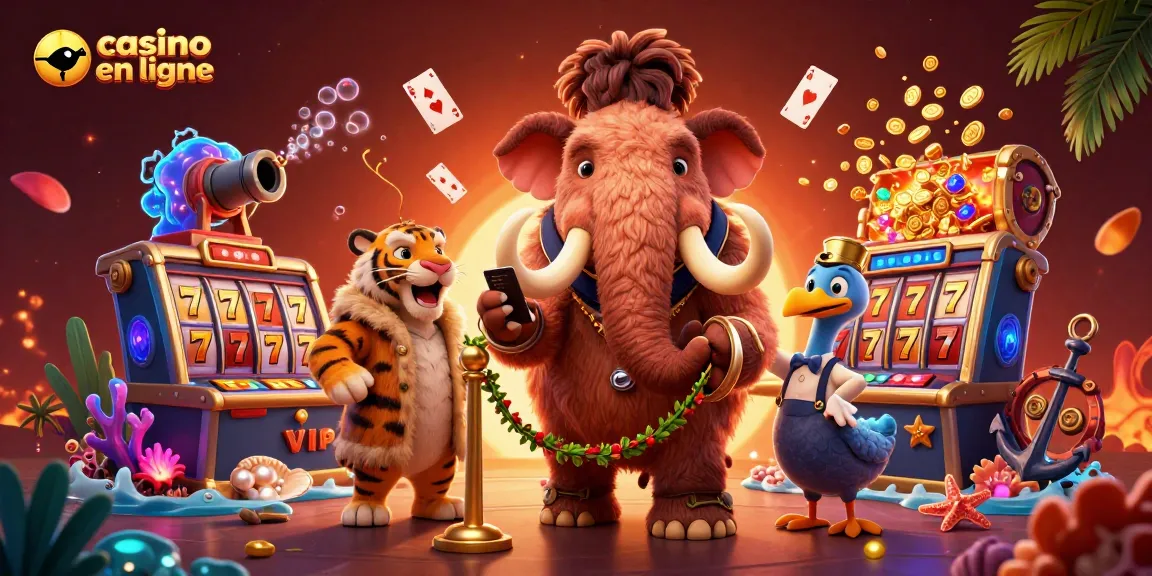 Jouez à casino en ligne avec notre illustration de mammouth bouncer et autres personnages s'amusant.