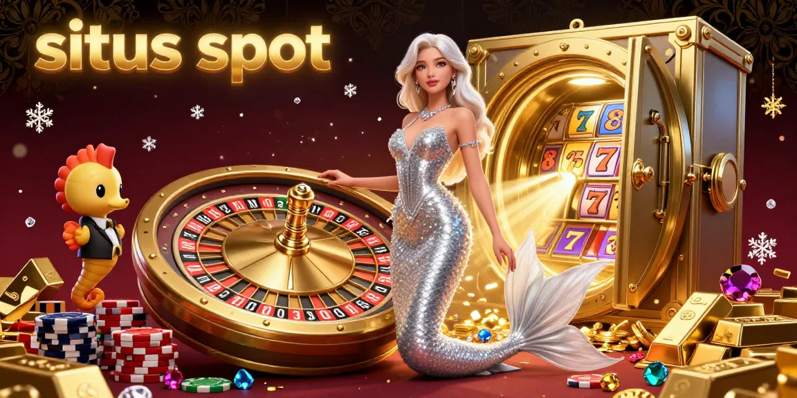 Spin the reels at situs slot with a glamorous mermaid and golden treasures surrounding the roulette wheel.
