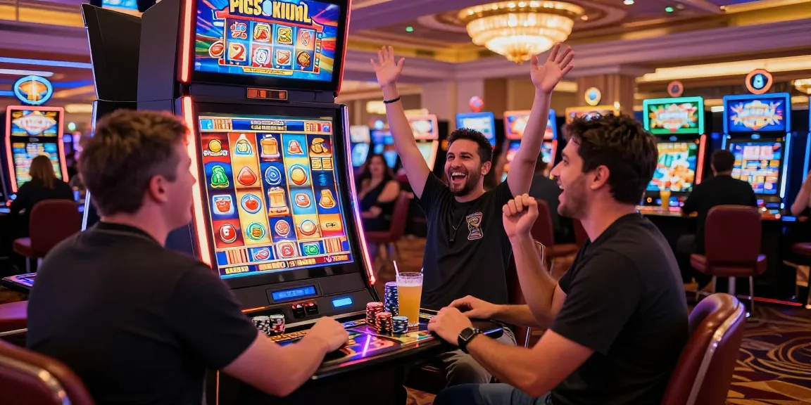 Excited group celebrating a win at we88 PGSLOT machine in a vibrant casino.