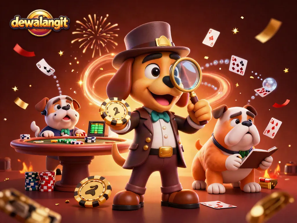 Menggali strategi permainan poker di dewalangit, mengamati chip emas dan catatan dari anjing detektif di meja judi.