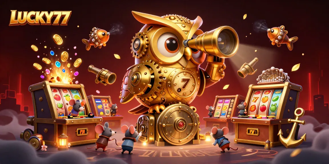 Experience LUCKY77 with thrilling casino vibes of a golden owl overseeing vibrant slot machines.