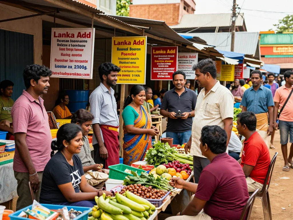 Marketplace scene showcasing Lanka Add ads with local vendors and community interactions