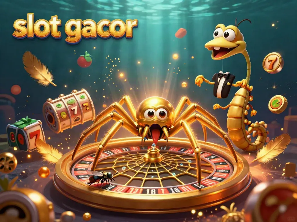 Experience thrilling slot gacor action with our dynamic casino scene featuring golden spider and centipede croupier.