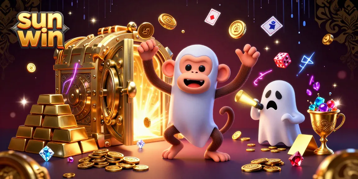 Sun win showcases a mischievous poltergeist monkey juggling treasures in a lively casino scene.