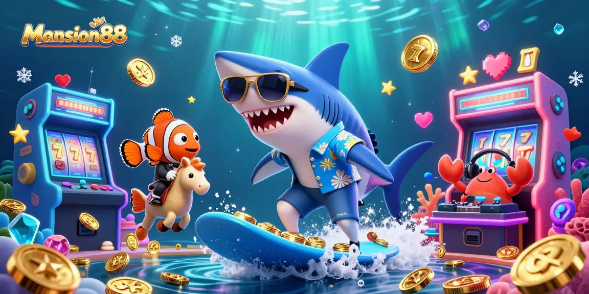 Mansion88 brings excitement as a shark surfs gold coins in this vibrant casino illustration.