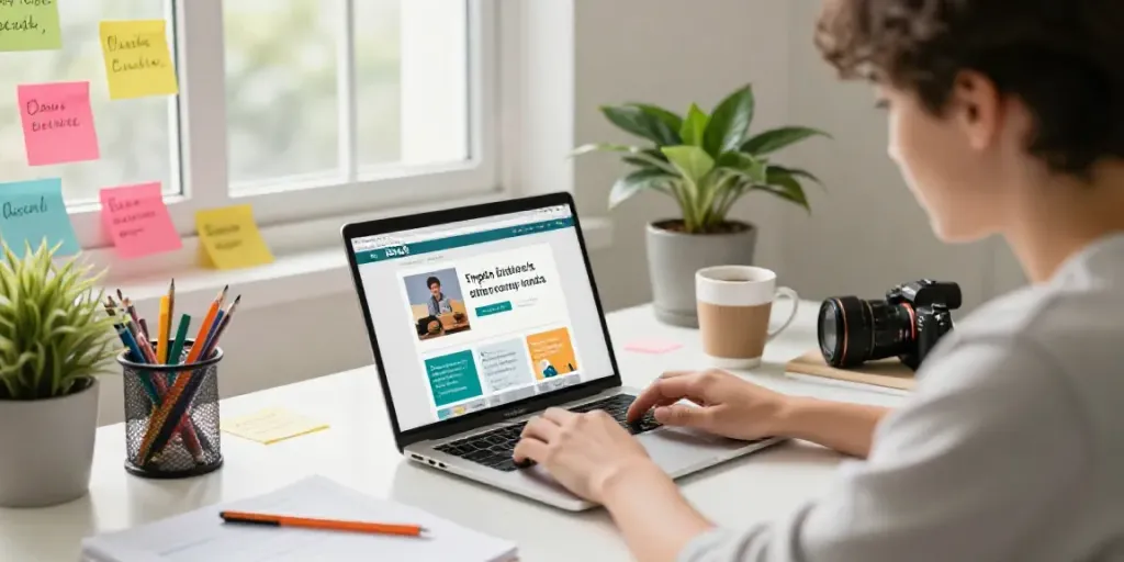 Situs toto online language learning scene with a student engaging in an interactive course.