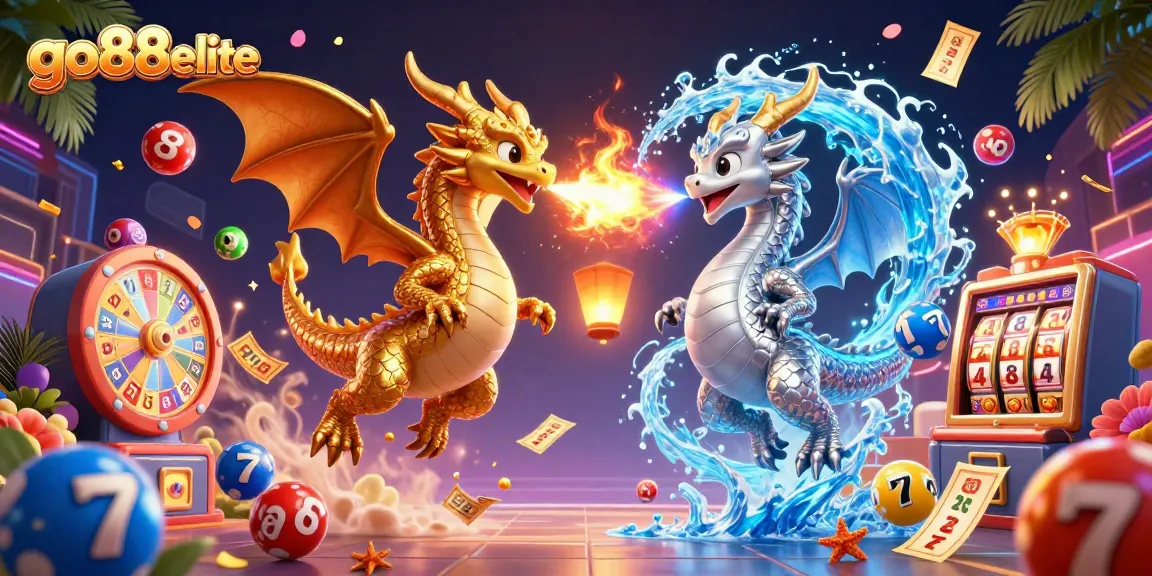 Engage in excitement with go88elite as twin dragons whirl between dazzling lottery elements.