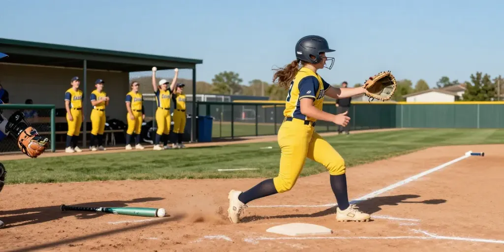 Female athlete in bright softball gloves sliding into base during a game.