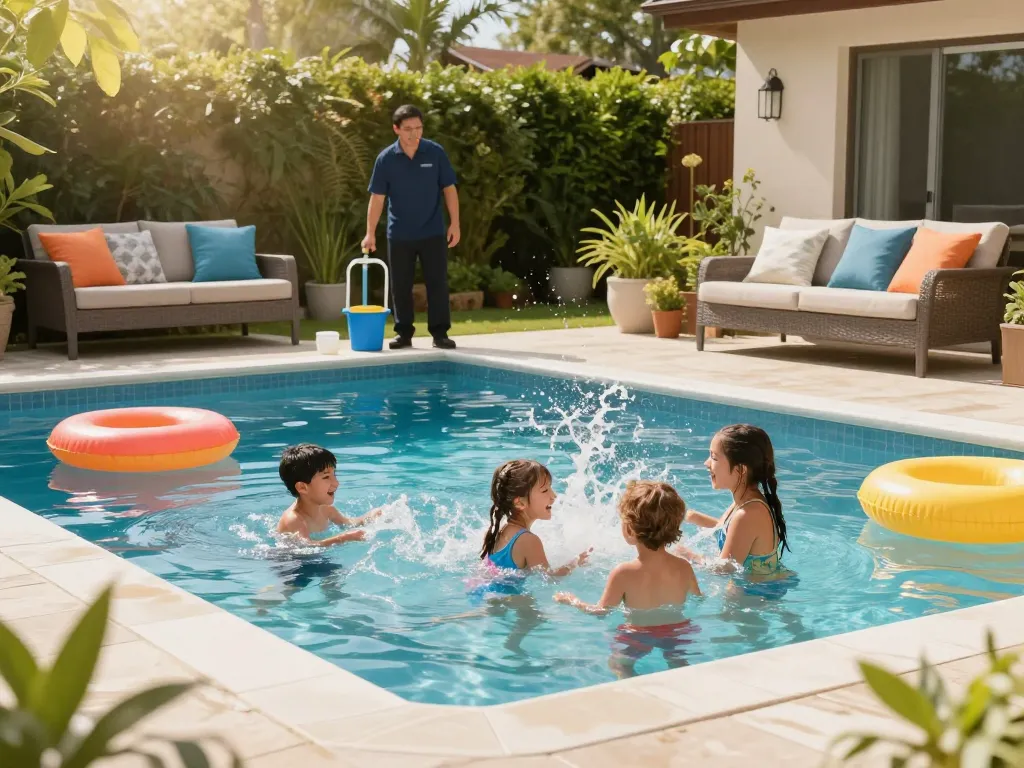 Dolphin Pool Services family enjoying a sunny day by a clear pool with a technician inspecting equipment.