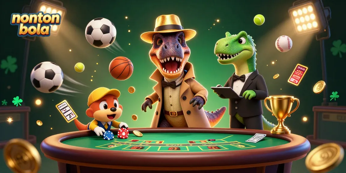 Nonton bola: A playful illustration of a velociraptor card counter at a blackjack table amidst flying sports balls and dynamic casino elements.