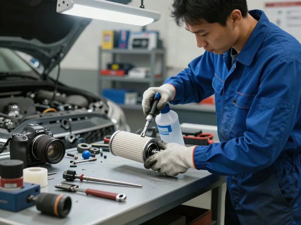 Mechaniker reinigt den DPF eines Fahrzeugs in einer modernen Werkstatt, dpf reinigen mit professionellen Werkzeugen.