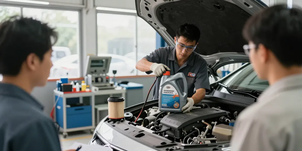 Expert technician performing a car oil change Hong Kong in a modern garage, showcasing high-quality service and professional environment.