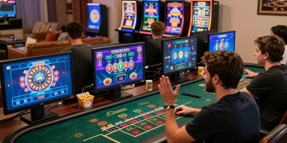 Des joueurs profitant du casino en ligne argent réel chez eux avec des graphismes vibrants et un éclairage chaleureux