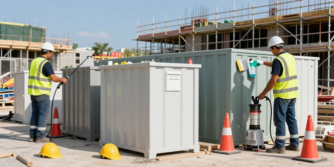 Containerreinigung Dortmund auf einer Baustelle mit professionellen Reinigungskräften, die Bürocontainer und Sanitärcontainer gründlich reinigen.