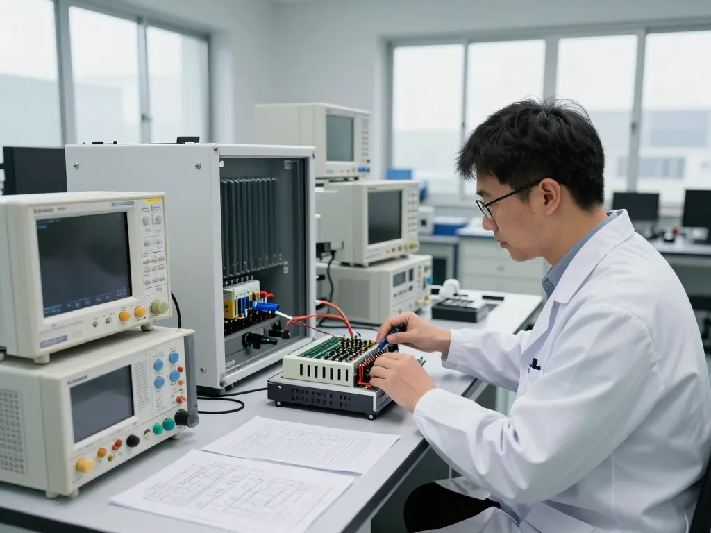 Electromagnetic compatibility Testing in a high-tech lab with an expert engineer using advanced testing equipment.