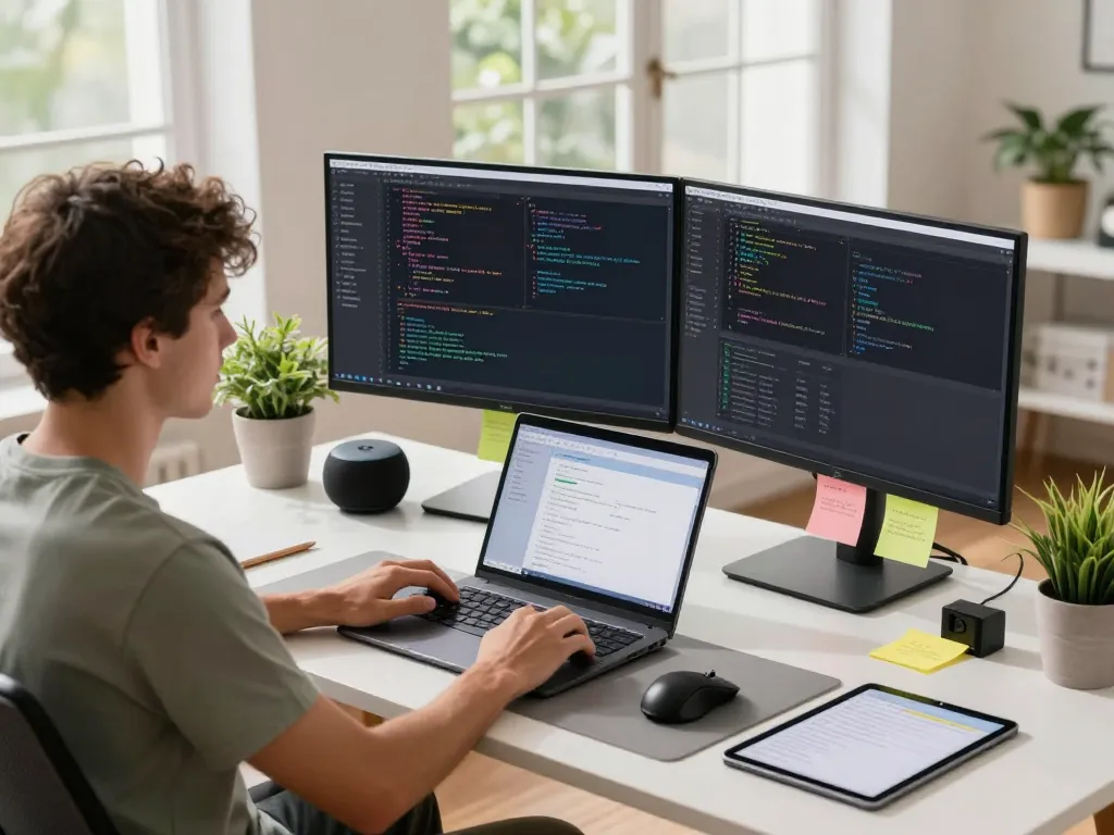 Developer configuring openclawd personal AI assistant in stylish home office setting.
