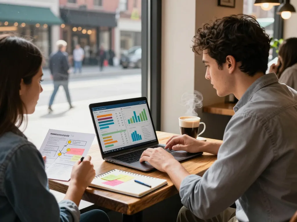 Local SEO NYC expert analyzing data in a vibrant coffee shop, showcasing dynamic strategies.