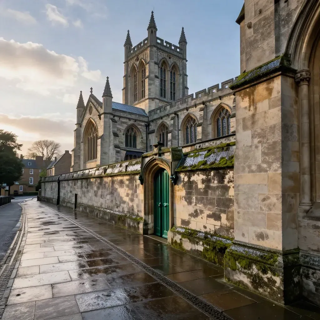 Hereford Cathedral tower and cloister wall after rain, with sun breaking through clouds over wet paving.