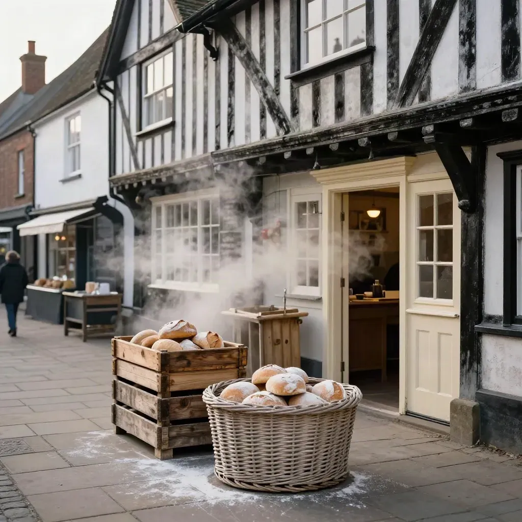 Steam rises from Ludlow market hall beside timbered façades and stacked bakery crates.