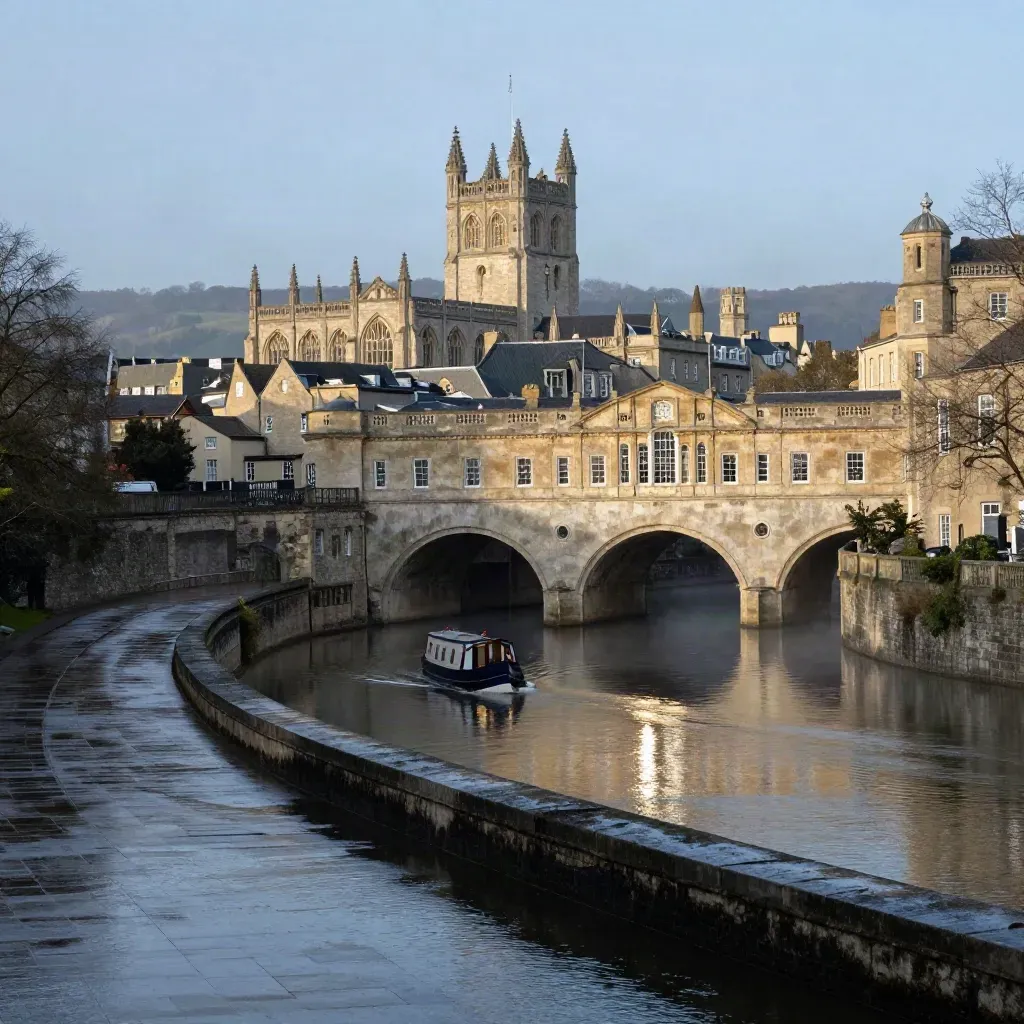 Bath skyline from Pulteney Bridge to the Abbey over the Avon at blue hour after rain.