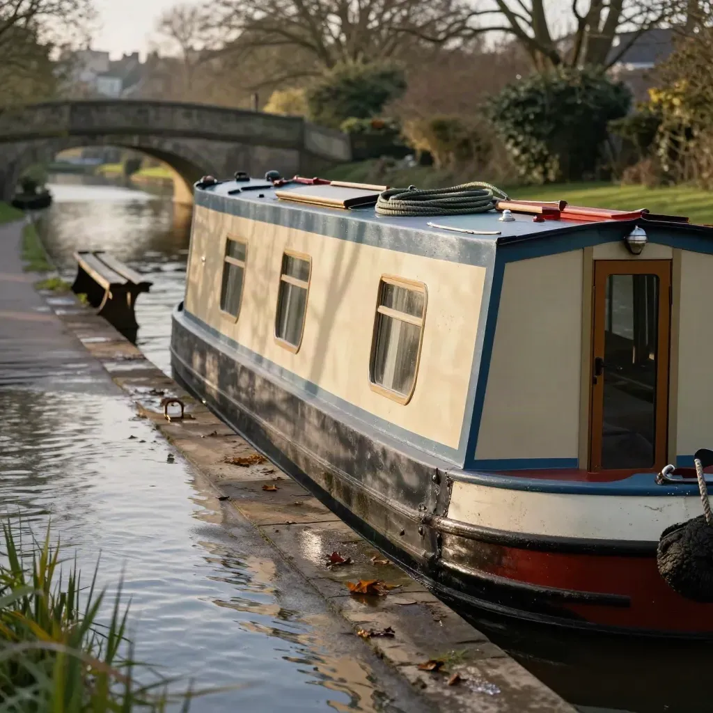 Low towpath view of a moored narrowboat, stone bridge and benches along the canal.