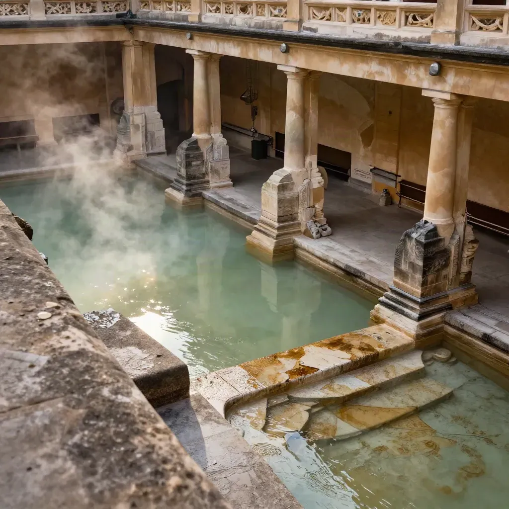 Steam rises over the Roman Baths basin and stone arcade in soft late-afternoon light.